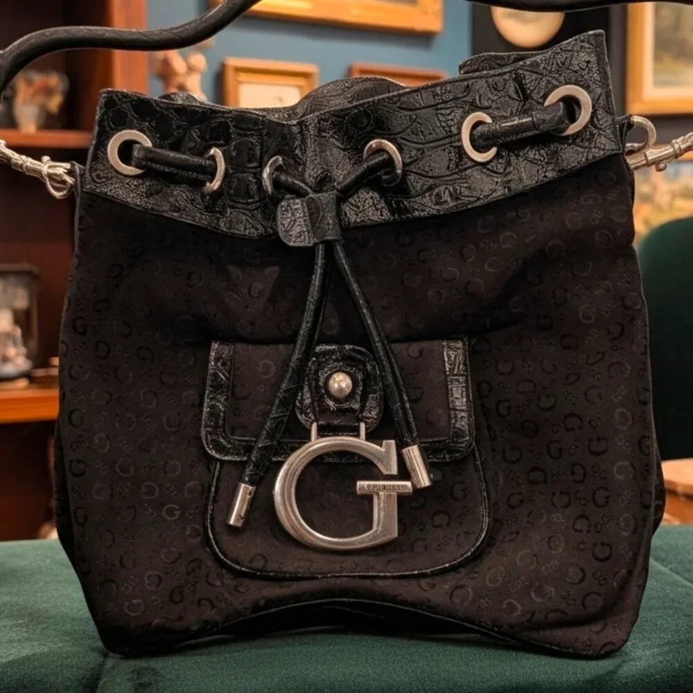 Vintage Guess‎ Black Monogram Bucket Bag